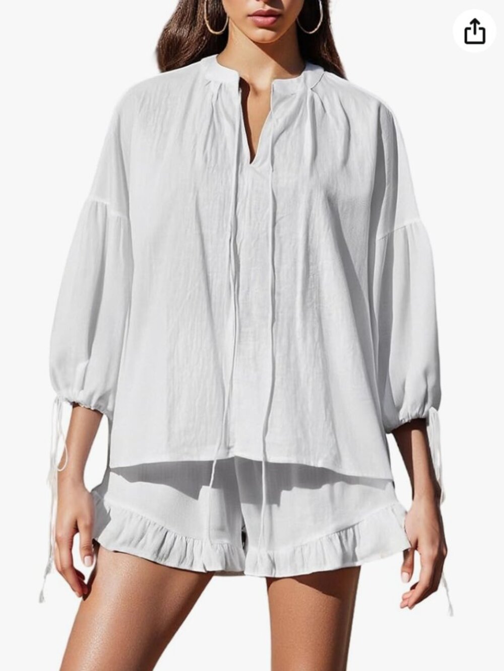 Amazon Linen Shorts Sets Women 2 Piece Outfits Long Sleeve Tie Front Tops